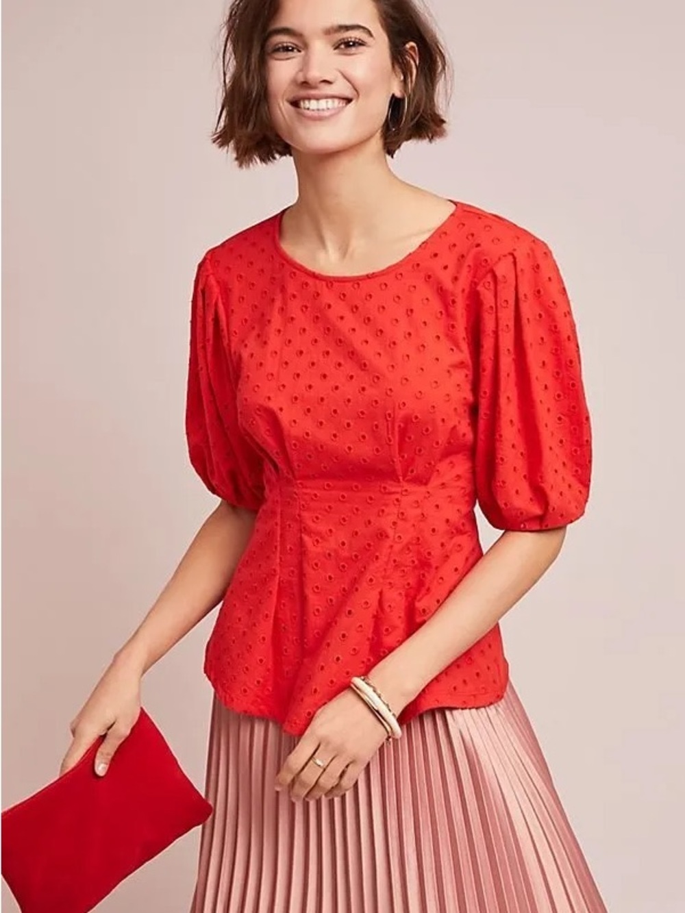 Eva Franco Anthropologie Red Eyelet Puff Sleeve Peplum Top Size S